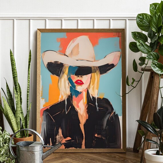 Bold Abstract Cowgirl Hat Portrait Red Lips Western Art Print