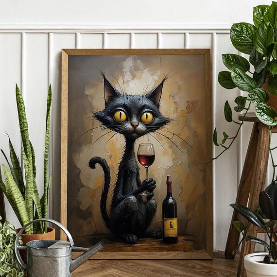 Gothic Black Cat Wine Art Print Whimsical Feline Bar Decor