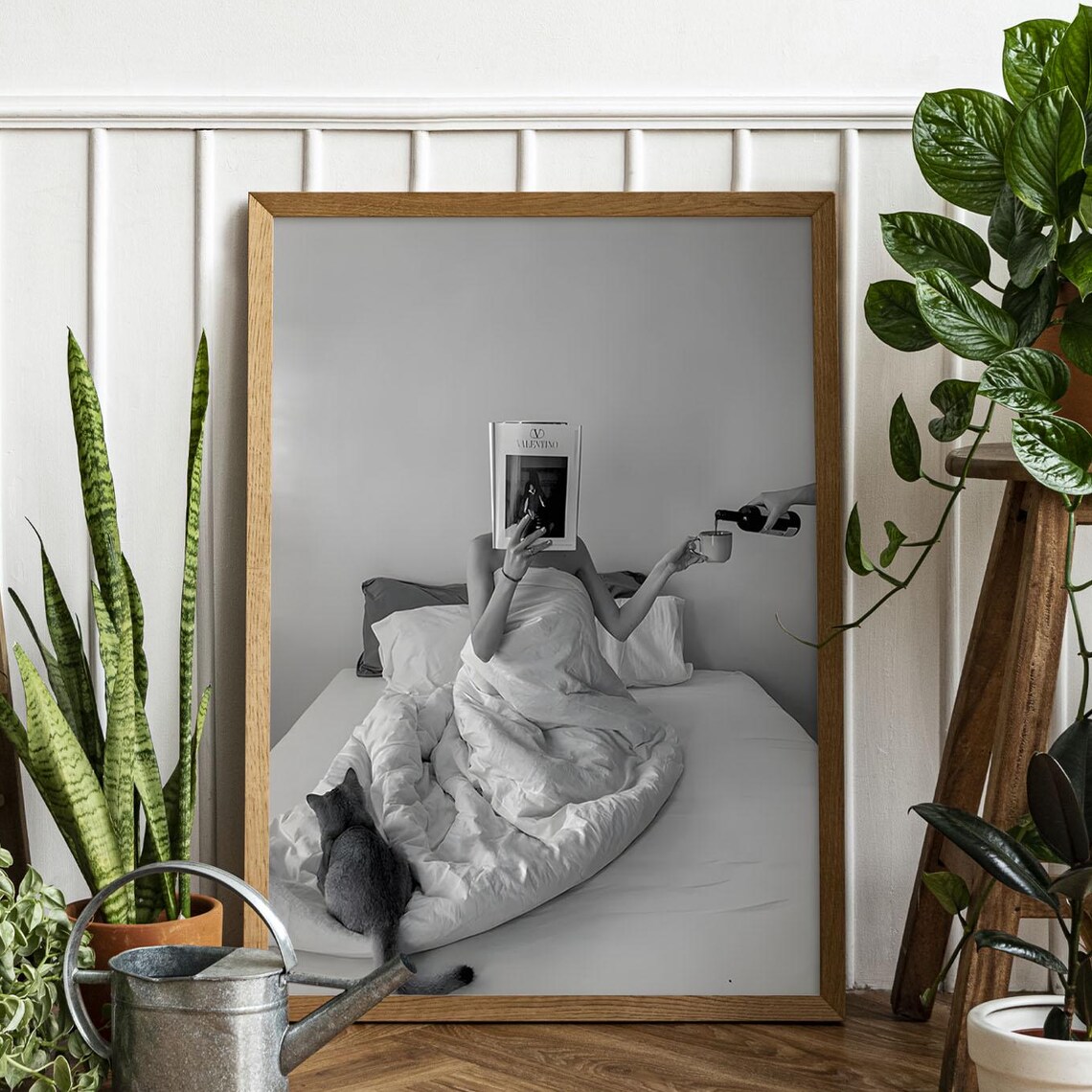Woman Reading in Bed Wine Glass Black White Lifestyle Photo Poster