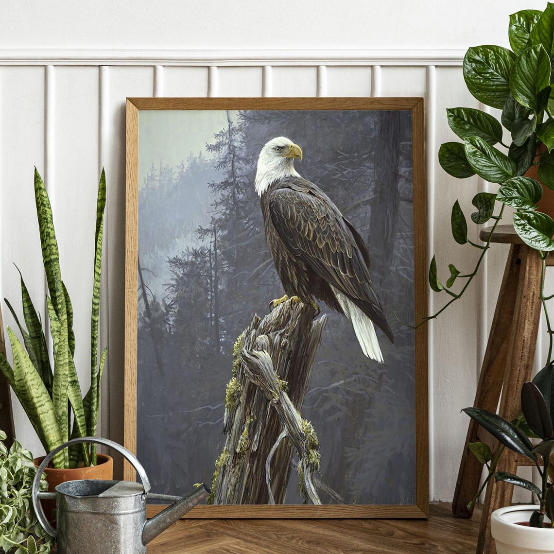 Bald Eagle Perched on a Mossy Stump Misty Forest Wildlife Art Poster