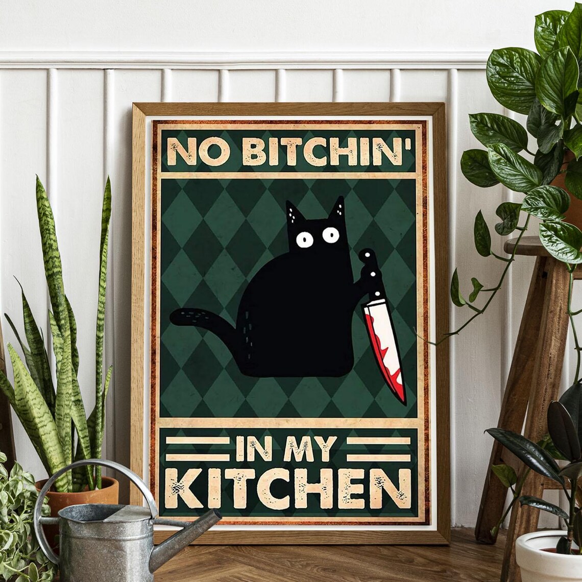 No Bitchin In My Kitchen Funny Black Cat With Knife Retro Poster