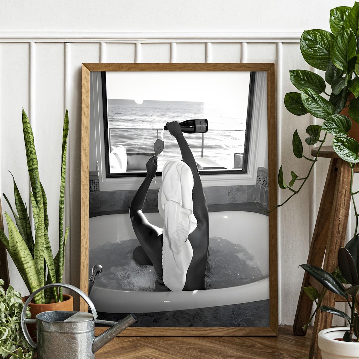 Bathtub Champagne Woman Black White Bathroom Chic Art Poster