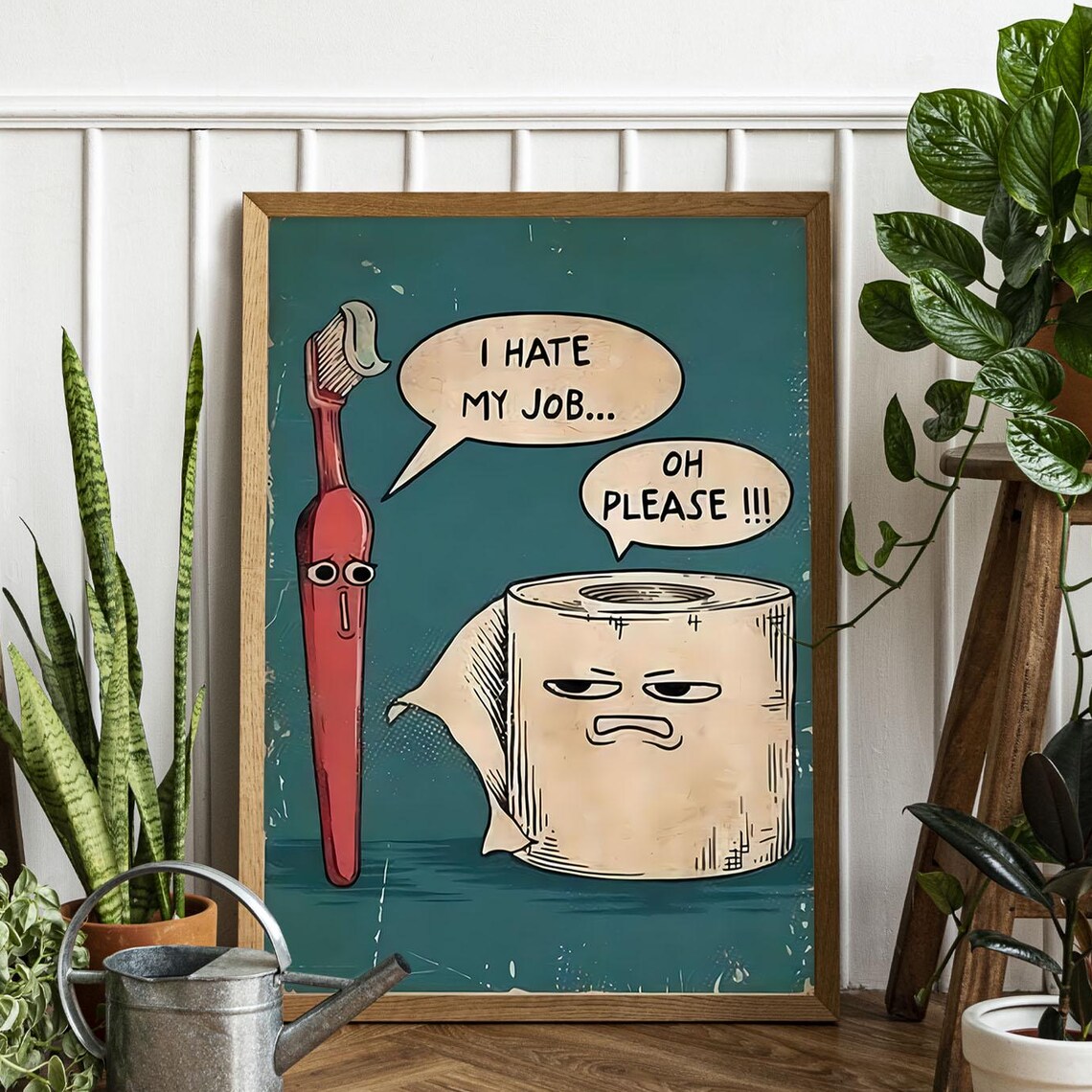 Toothbrush and Toilet Paper Cartoon Funny Bathroom Humor Poster