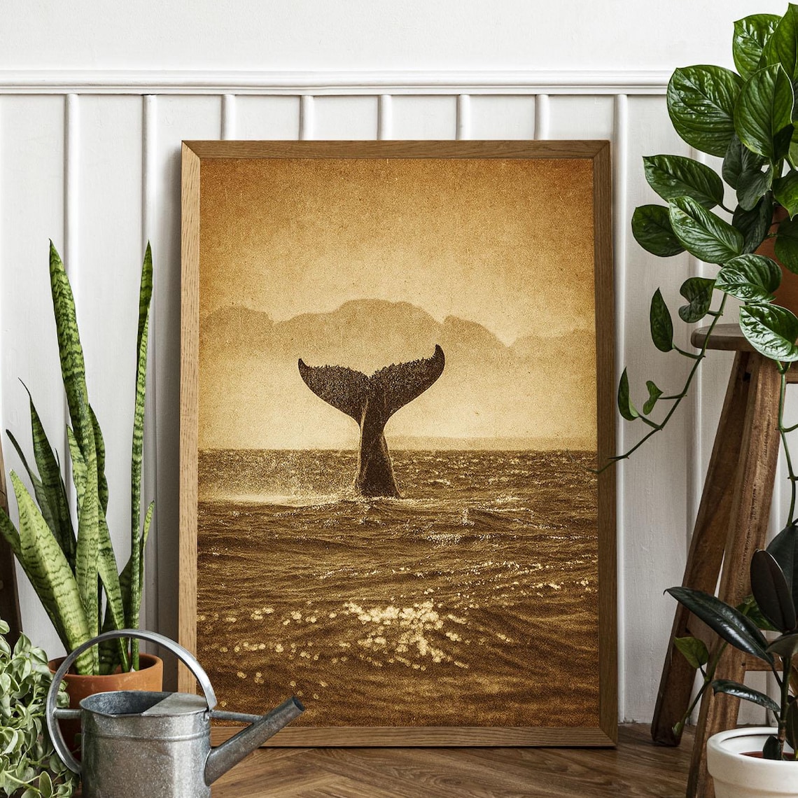 Whale Tail Dive Sepia Sunset Ocean Vintage Coastal Photo Wall Art