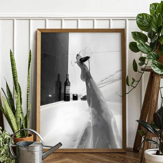 Woman Drinking Wine in Bathtub Black White Bathroom Photo Poster