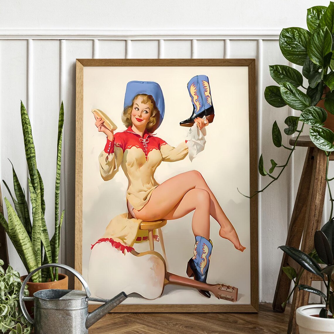 Vintage Pin Up Cowgirl Polishing Boot with Guitar Retro Art Poster