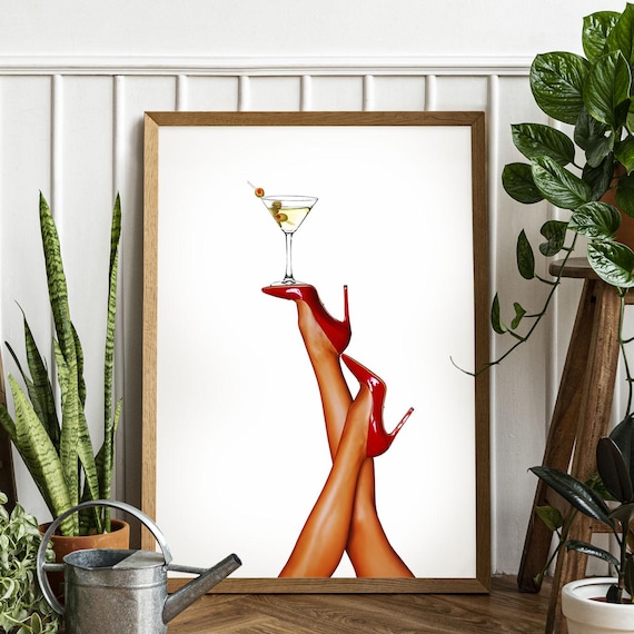 Red High Heels Martini Glass Chic Bar Cart Fashion Art Print