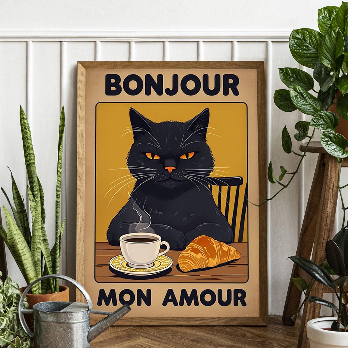 Bonjour Mon Amour Black Cat Coffee Croissant Retro Cafe Poster