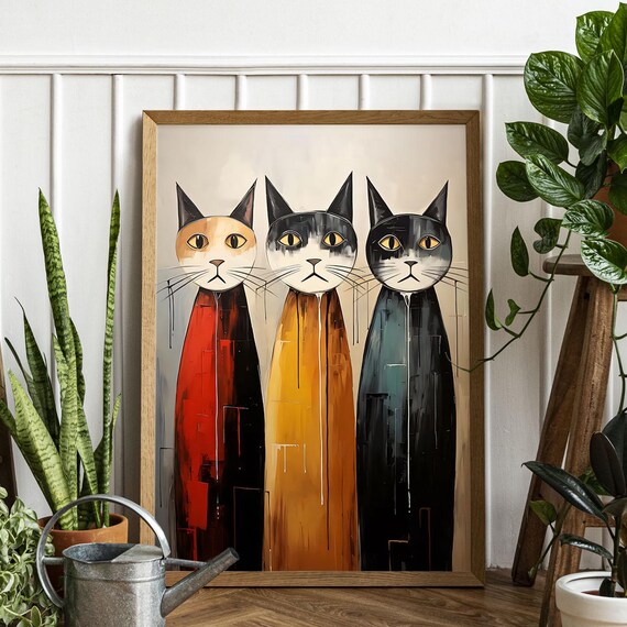 Abstract Cat Canvas Wall Art Modern Boho Feline Print