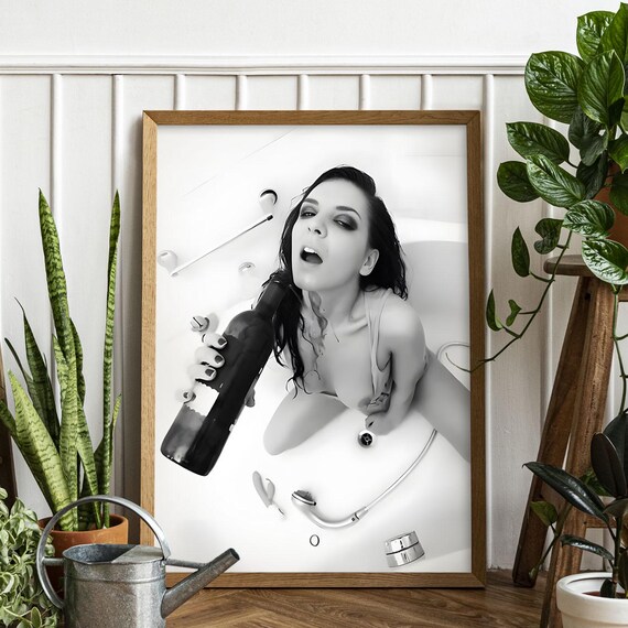 Woman Drinking Red Wine In Bathtub Black And White Art Print