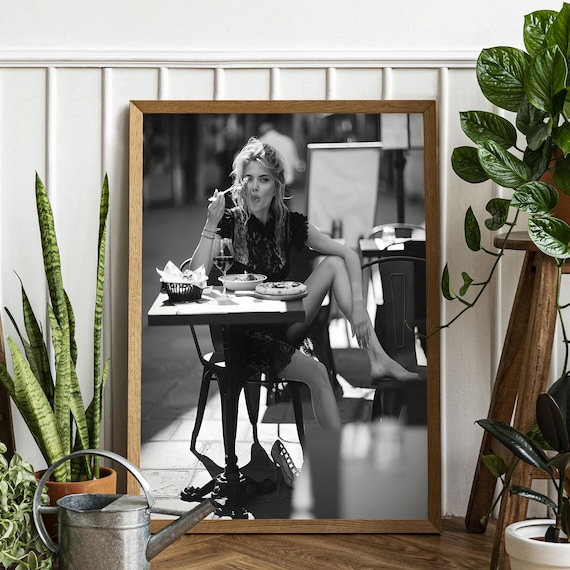 Woman Eating Spaghetti Outdoor Cafe Black White Photo Poster