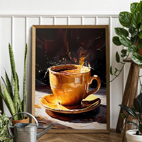 Golden Coffee Cup Splash Dynamic Amber Modern Cafe Kitchen Wall Art