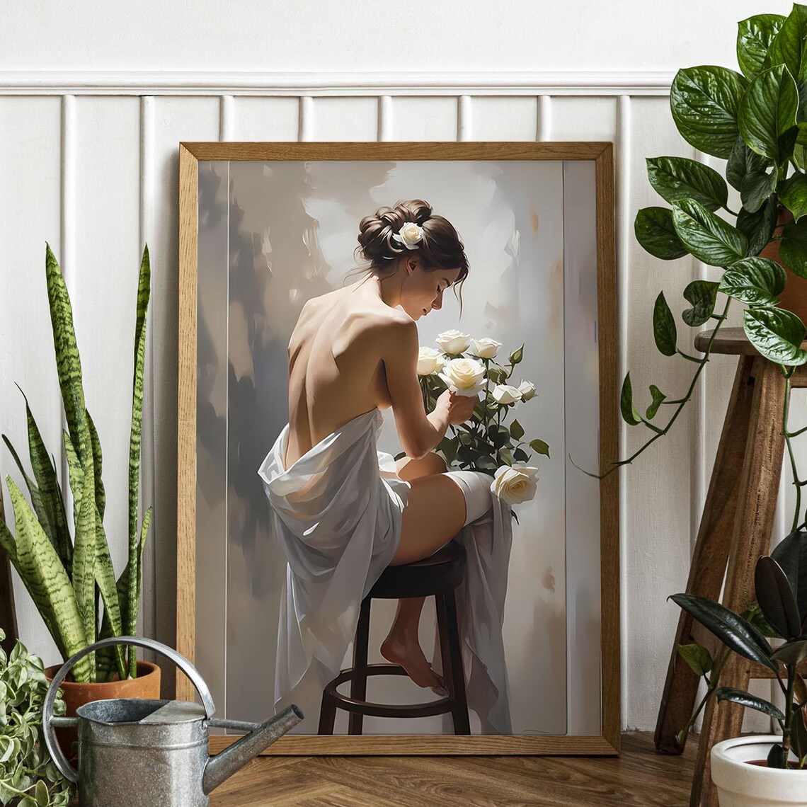 Elegant Woman With White Roses Romantic Figurative Art Print