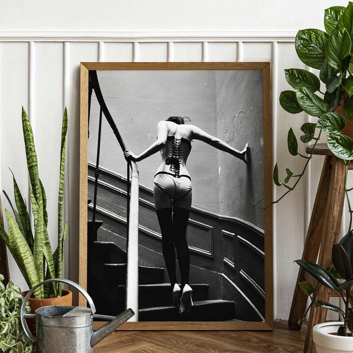 Black and White Boudoir Photo Woman in Corset Climbing Stairs Poster