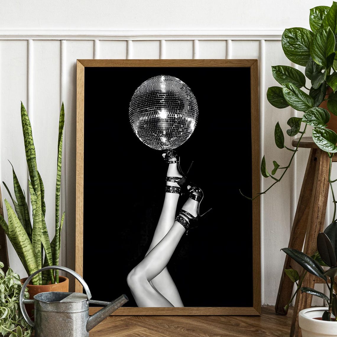 Disco Ball Balancing Heels Retro 70s Black Party Photo Art Print