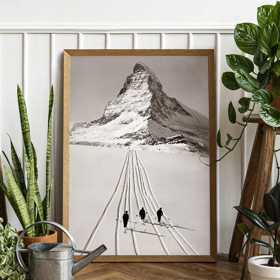 Matterhorn Skiers Vintage Black and White Alpine Mountain Photo Poster