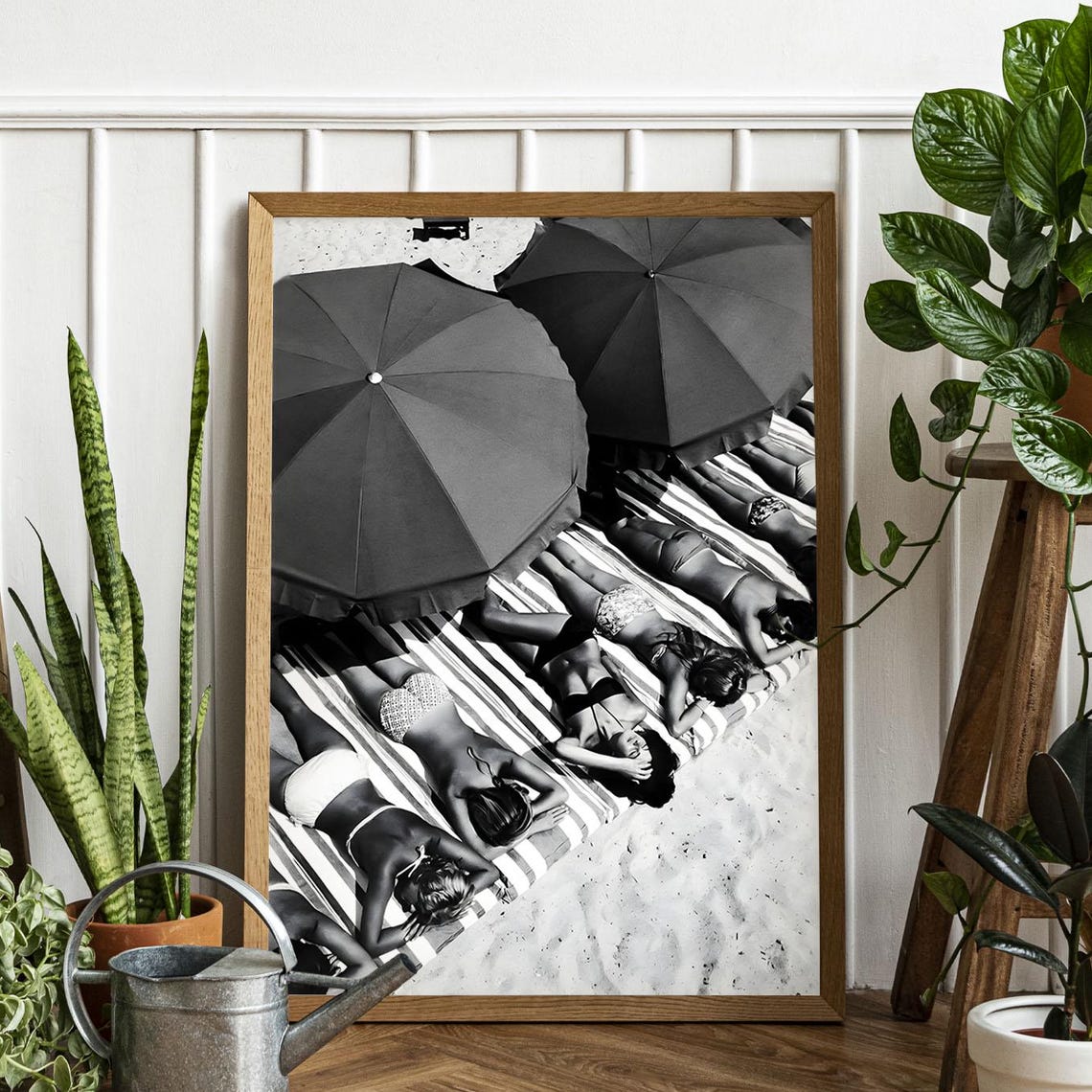 Vintage Beach Sunbathers Aerial Umbrellas Black White Photo Poster