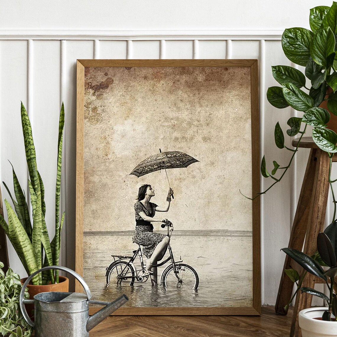 Vintage Woman On Bicycle With Umbrella Surreal Retro Wall Art Print