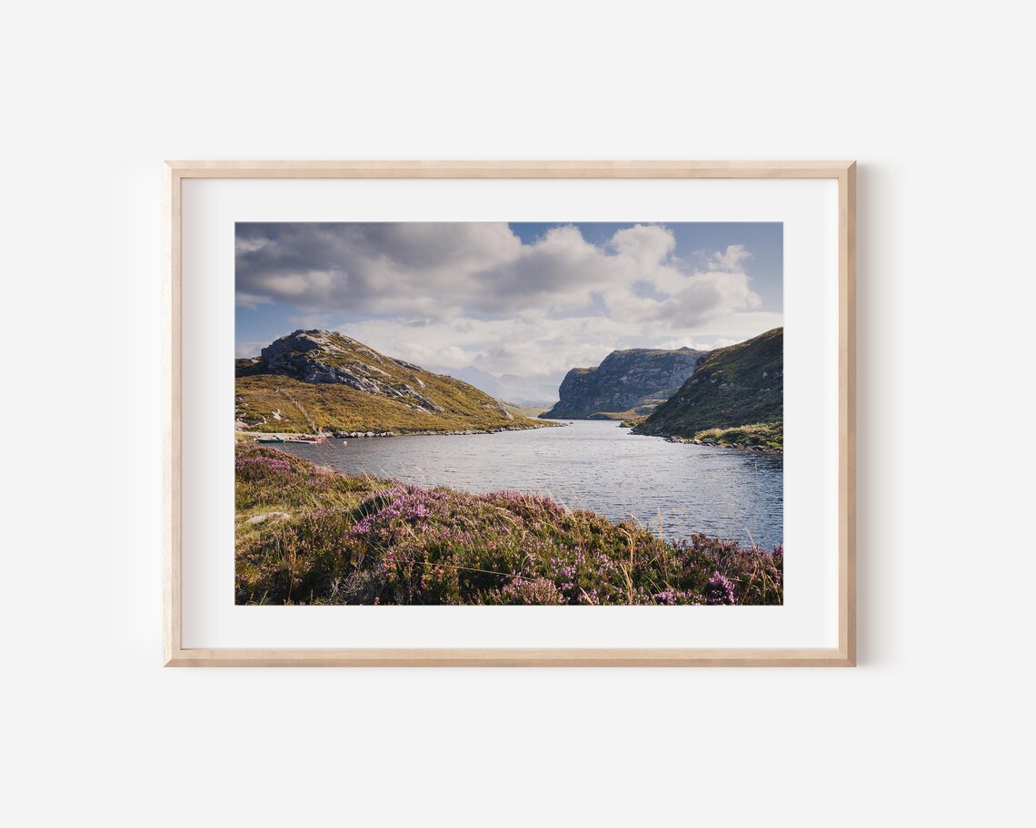 Scottish Highlands Loch Landscape Heather Hills Tranquil Nature Photo Print