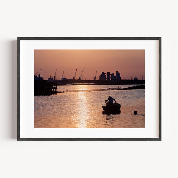 Sunset Fisherman In Boat Industrial Harbor Photography Silhouette Art Print