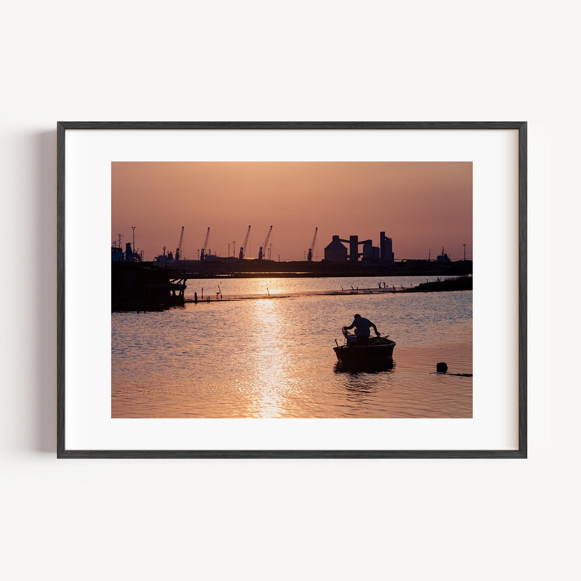 Sunset Fisherman In Boat Industrial Harbor Photography Silhouette Art Print