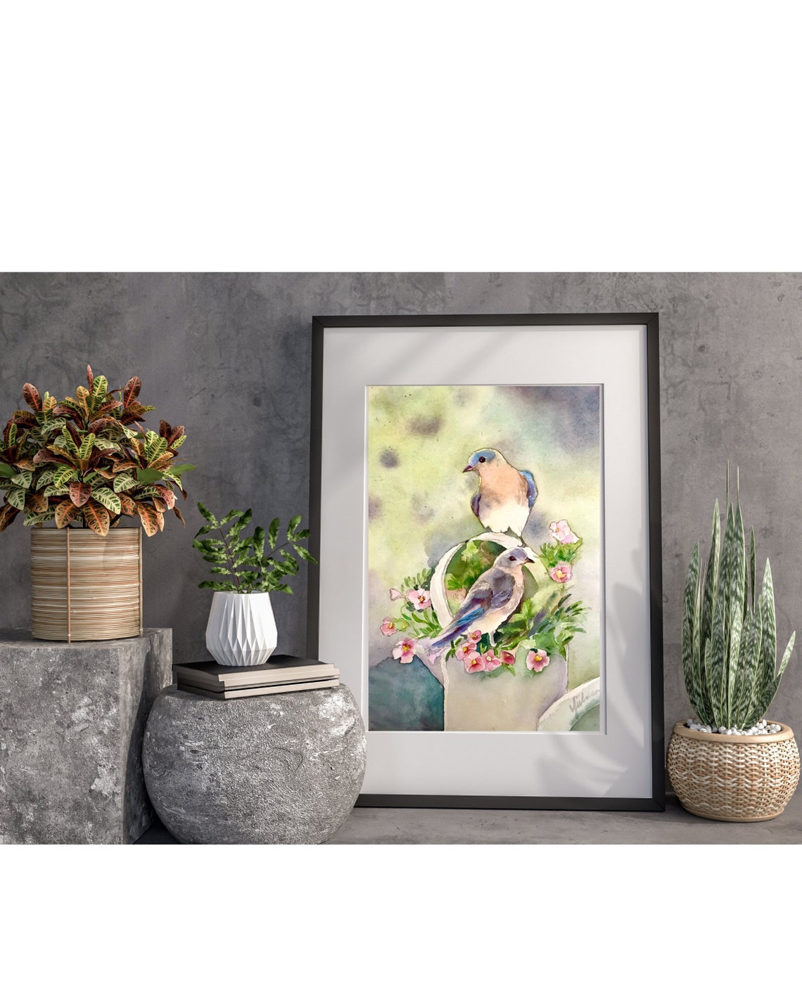 Pair of Bluebirds on Pink Flower Basket Watercolor Spring Poster - Image 2