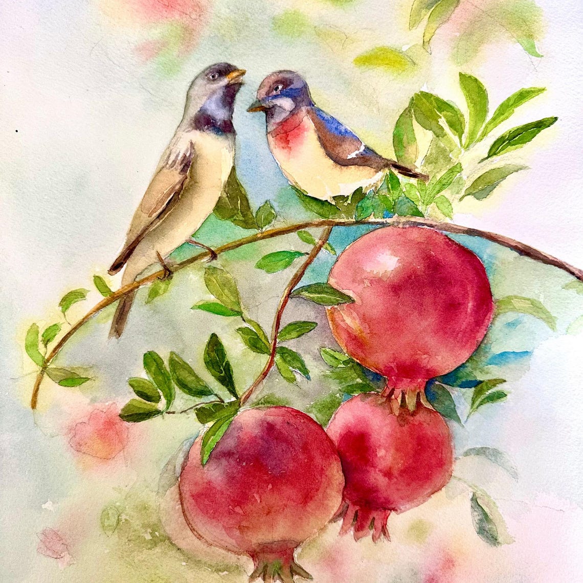 Two Songbirds Among Ripe Pomegranates Watercolor Orchard Poster - Image 6