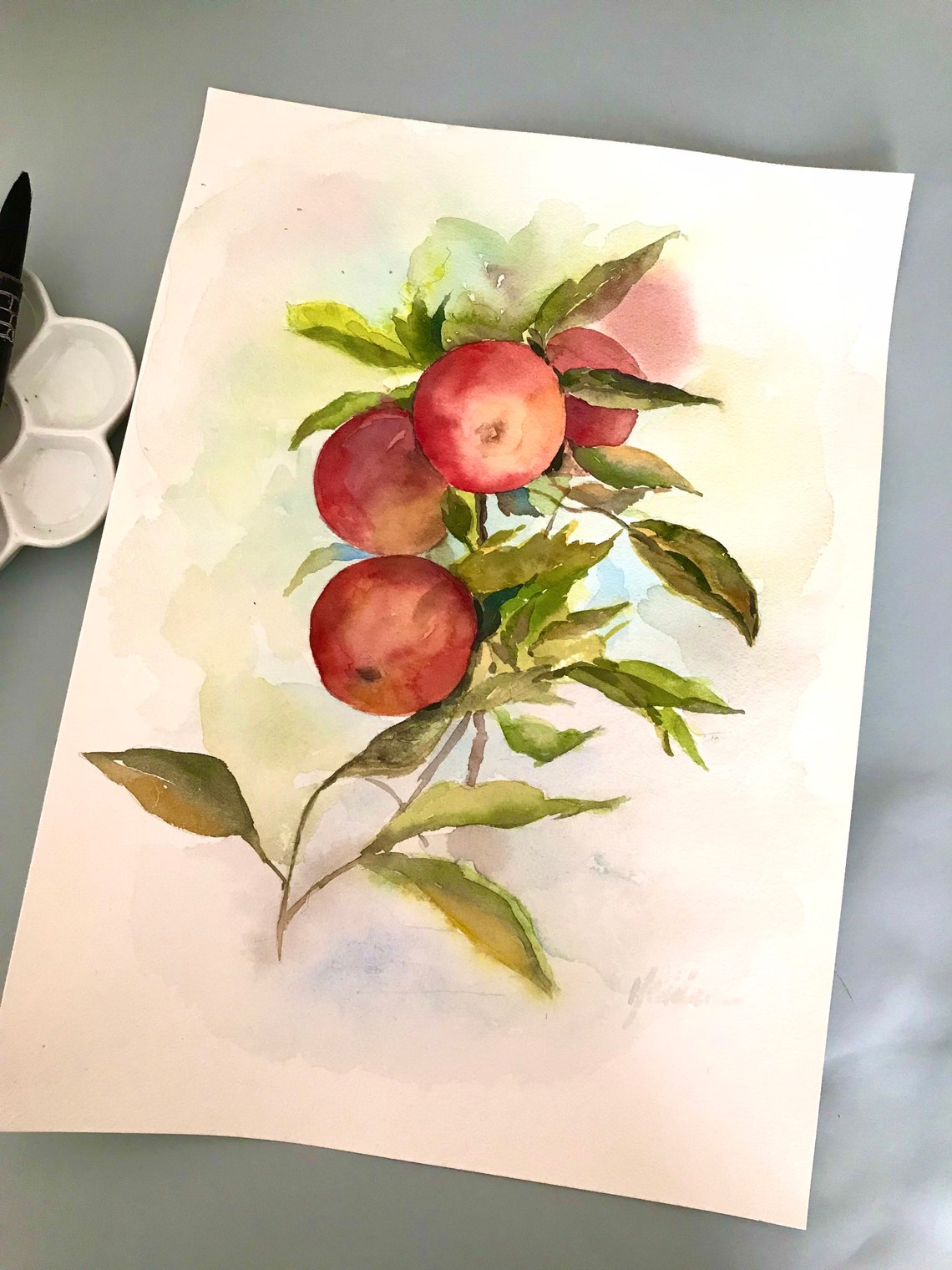 Ripe Red Apples on a Leafy Branch Watercolor Still Life Poster - Image 4