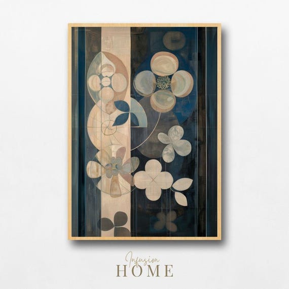 Nordic Floral Print Dusky Blue Beige Botanical Art