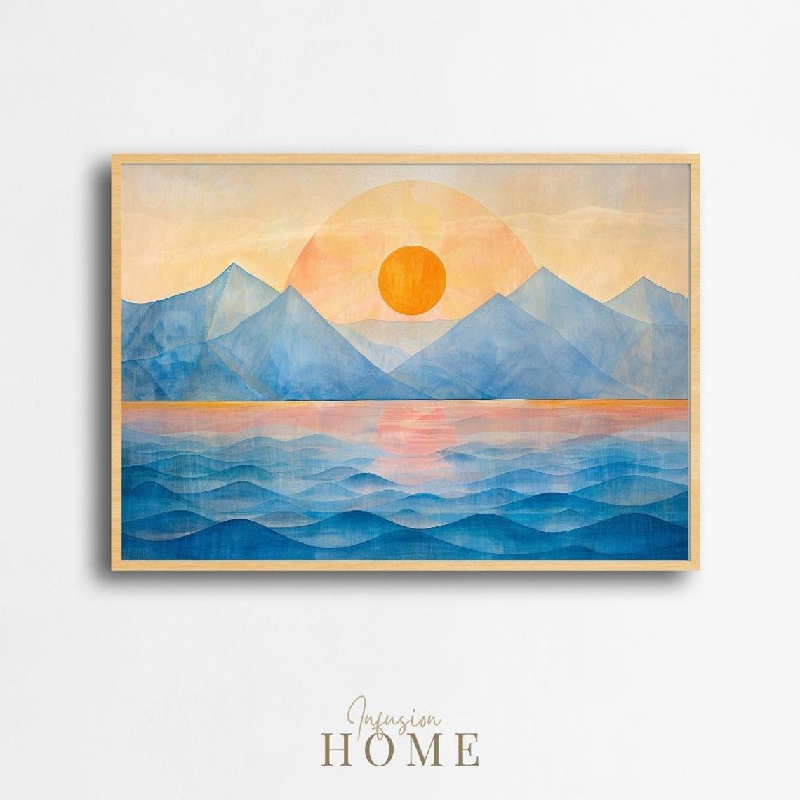 Abstract Mountain Lake Sunset Print Golden Sun Seascape