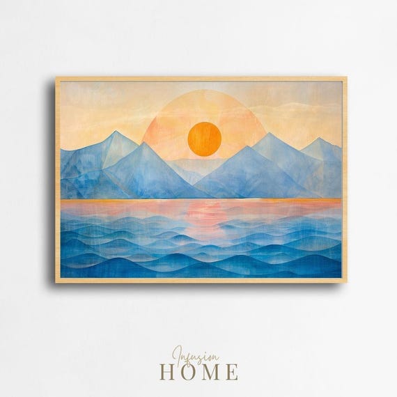 Abstract Mountain Lake Sunset Print Golden Sun Seascape