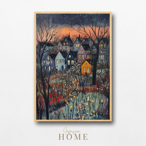 Twilight Winter Village Storybook Cottages Starry Night Poster