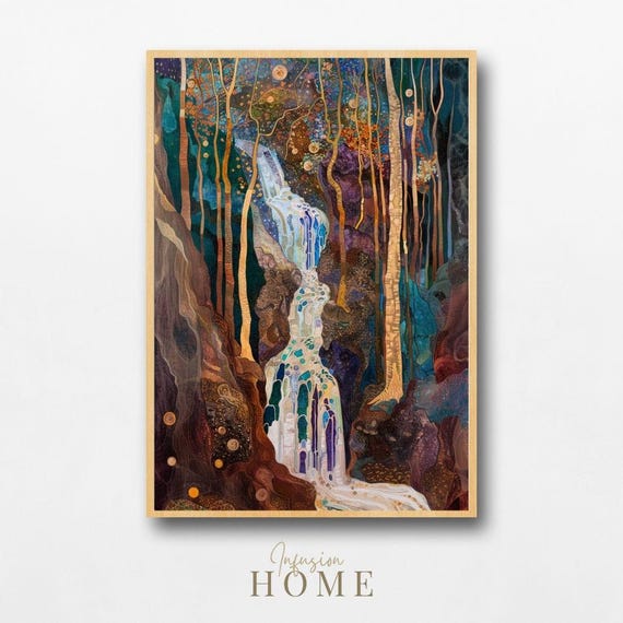 Mystical Forest Waterfall Art Print Jewel Tone Cascade