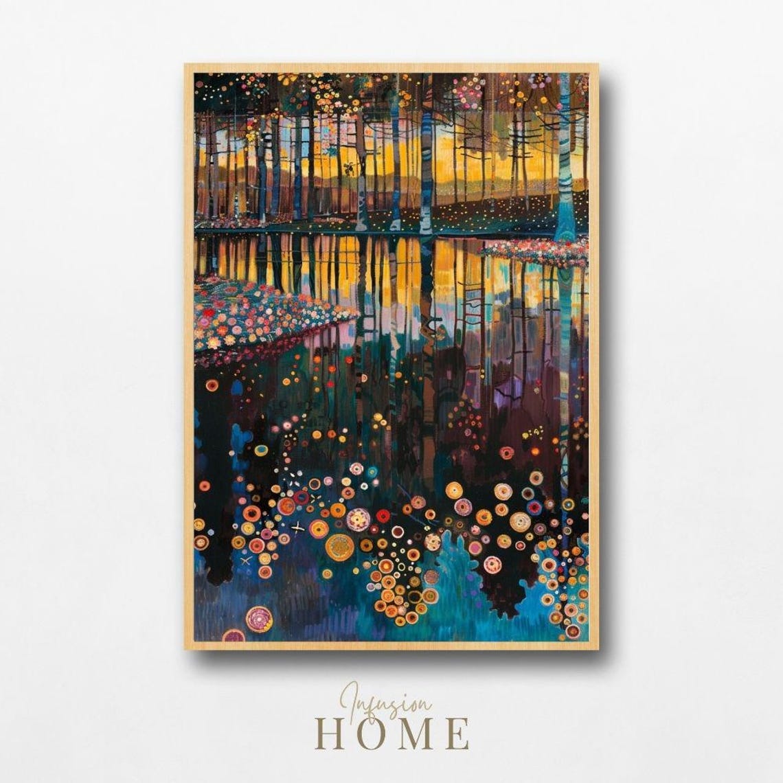 Golden Sunset Forest Lake Mirror Reflection Abstract Art Poster