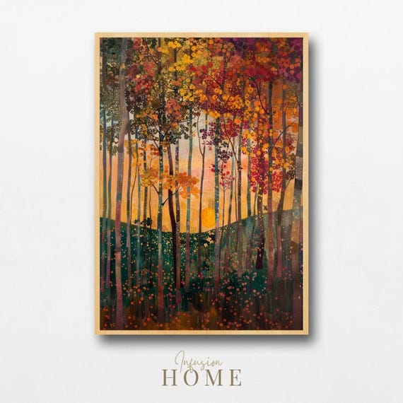 Autumn Forest Sunset Pointillist Fall Trees Dotted Art Poster