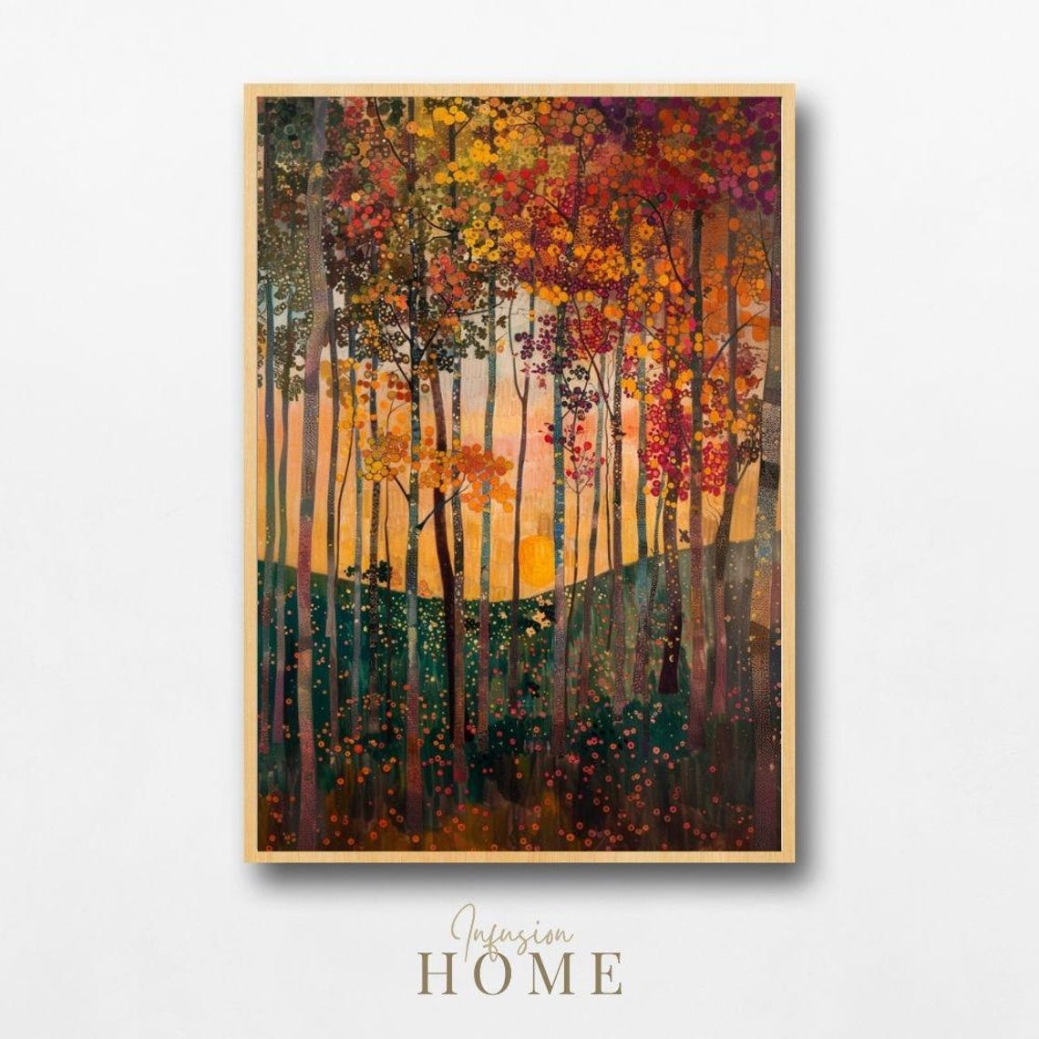 Autumn Forest Sunset Pointillist Fall Trees Dotted Art Poster