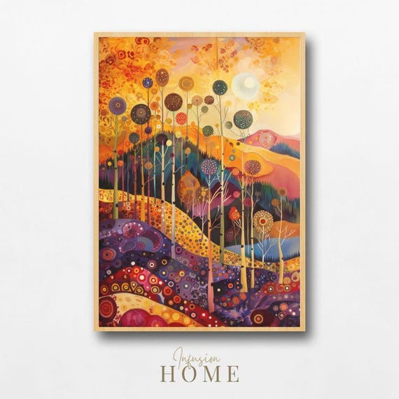 Whimsical Dreamy Golden Autumn Forest Moon Abstract Landscape Poster