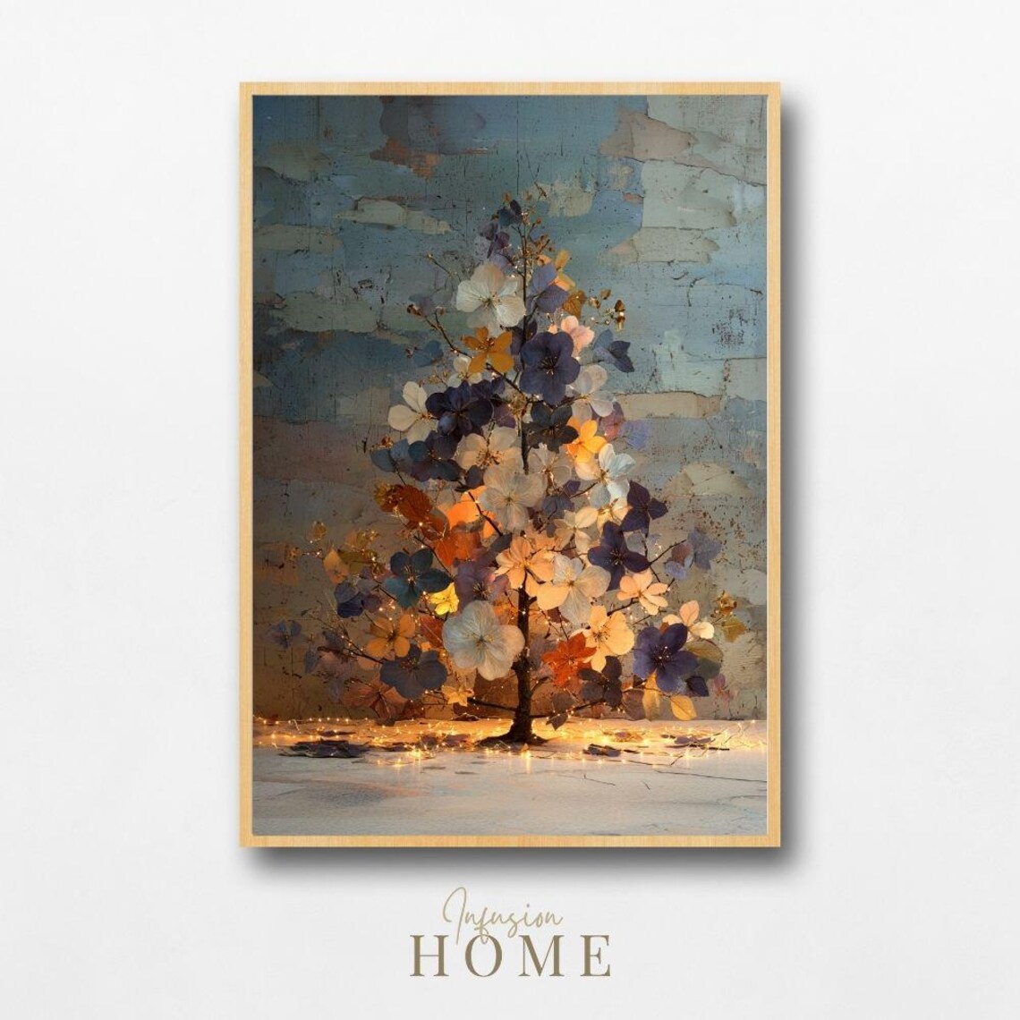 Floral Christmas Tree Blue Gold Winter Flowers Artistic Poster