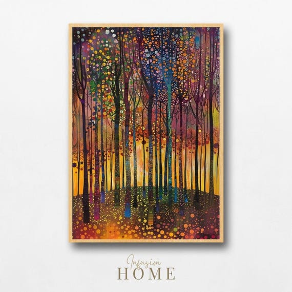 Sunset Forest Glow Art Print Multicolor Trees Whimsical Home Decor