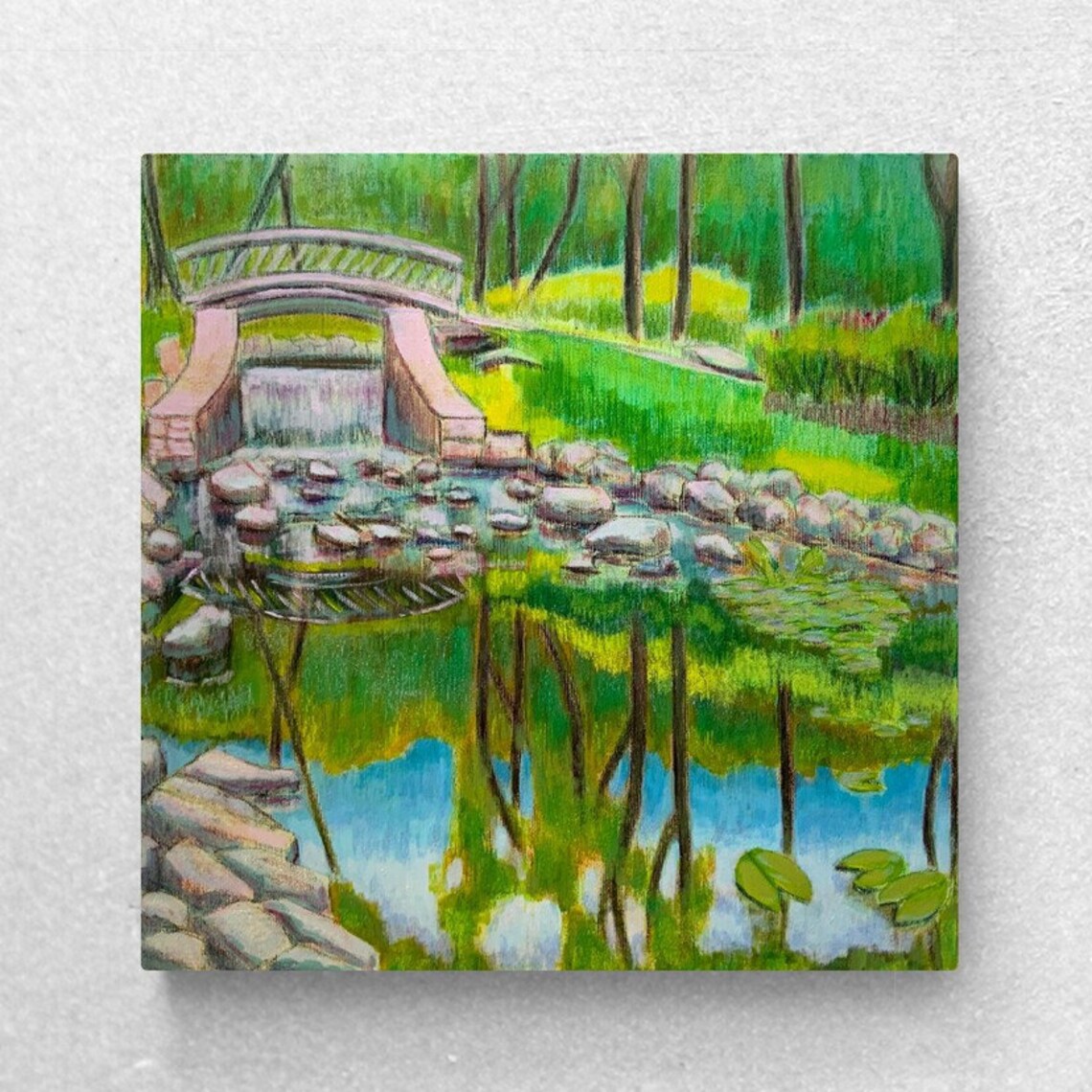 Pink Arched Bridge Over Green Pond Original Park Painting Nature Poster