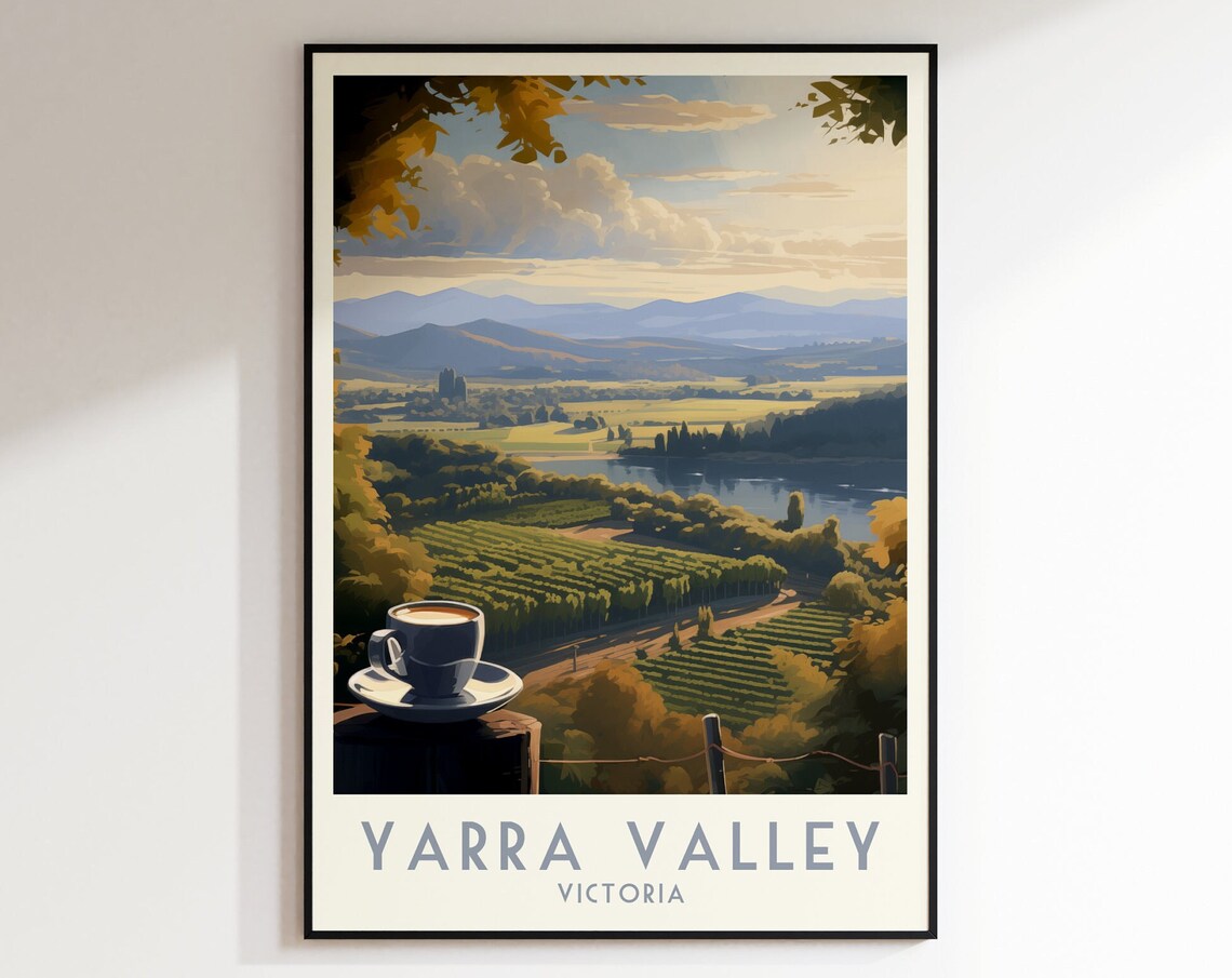Yarra Valley Victoria Poster with Coffee Over Vineyards and Lake