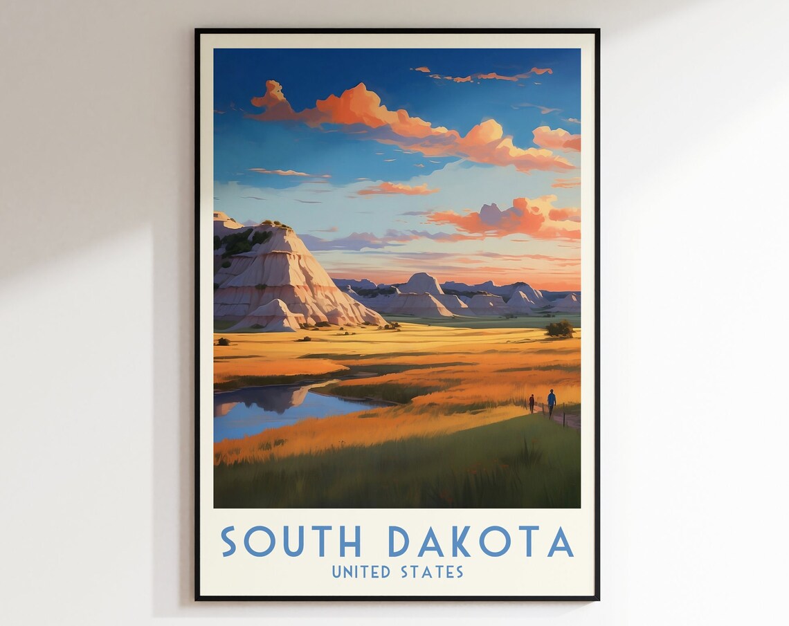 South Dakota United States Striped Buttes Prairie Sunset Travel Poster