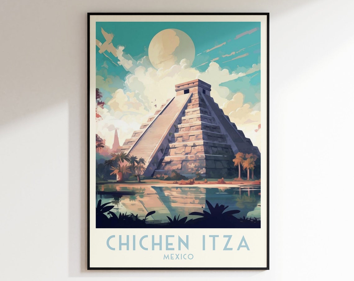 Chichen Itza El Castillo Pyramid in Mexico Travel Poster Art