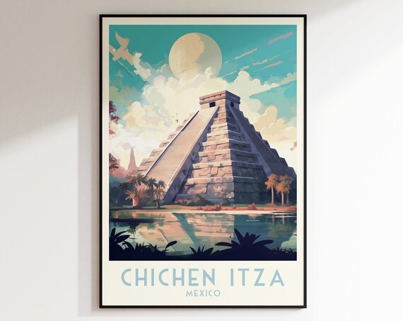 Chichen Itza El Castillo Pyramid in Mexico Travel Poster Art