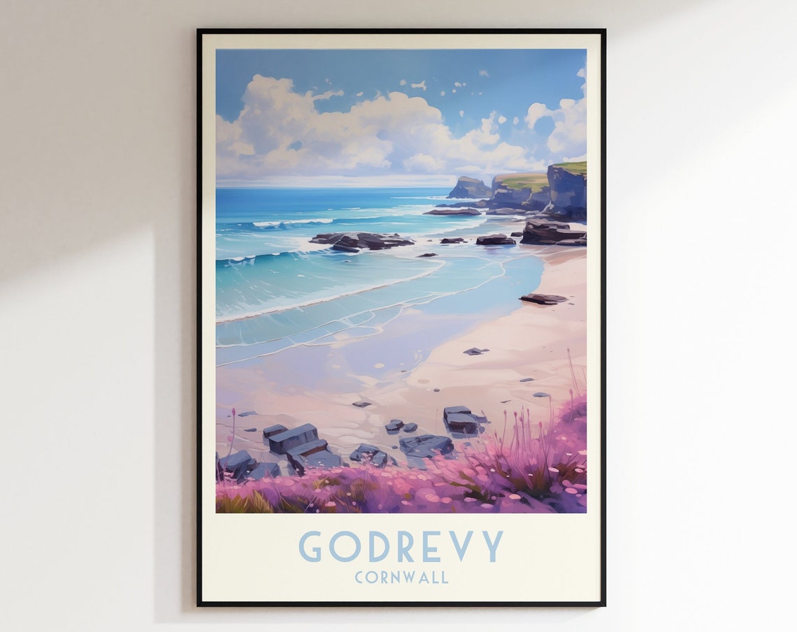 Godrevy Cornwall Beach Rocky Shore Rolling Turquoise Waves Poster