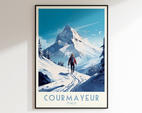 Courmayeur Ski Print Italy Print France Home Decor Retro Wall Art Wedding Gift Birthday Gift Print Poster Ski Resort Print
