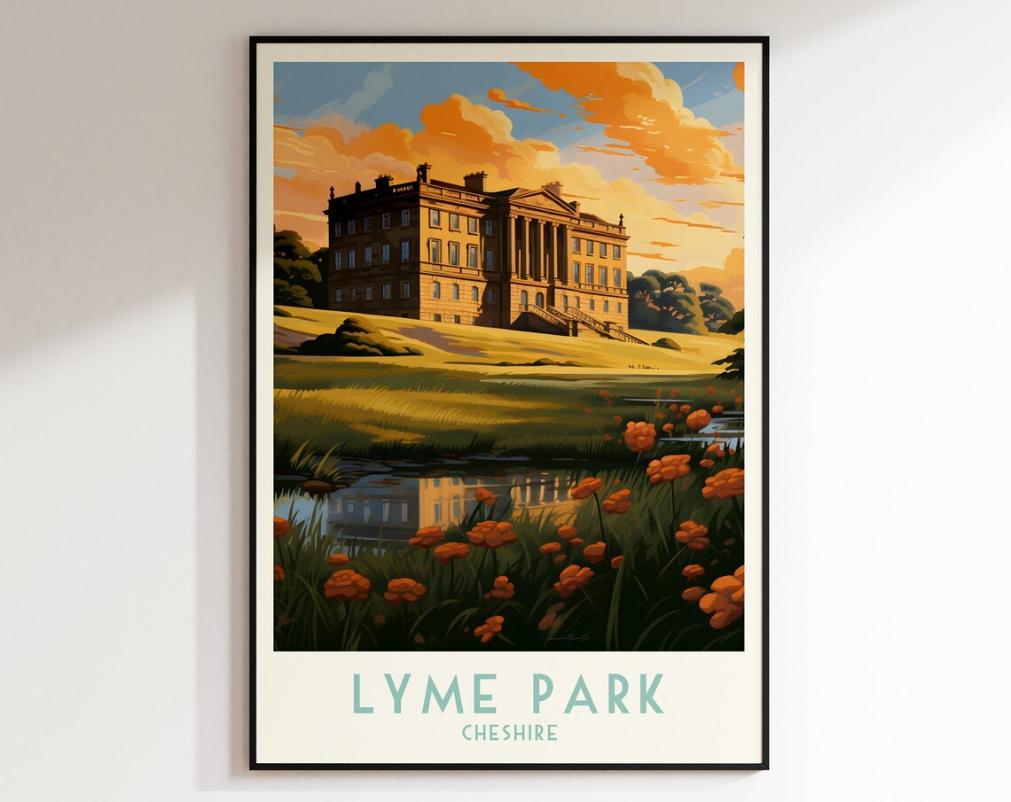 Lyme Park Cheshire Grand English Mansion Sunset Vintage Travel Poster