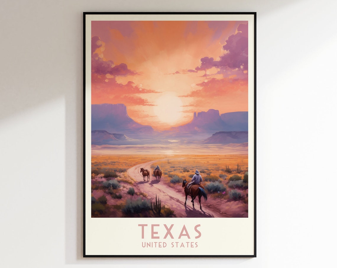 Texas Sunset Cowboys on Horseback Desert Trail Travel Poster