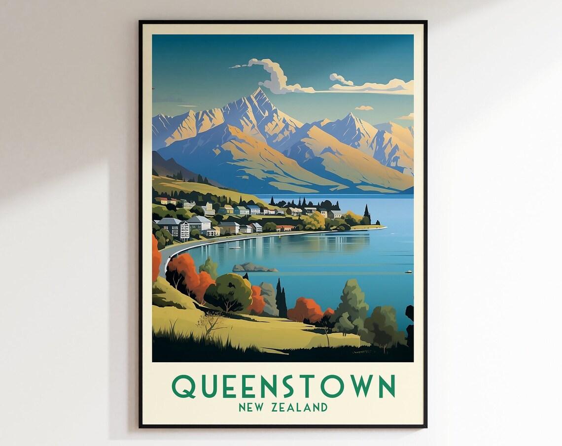 Queenstown New Zealand Vintage Lake and Mountain Vista Poster
