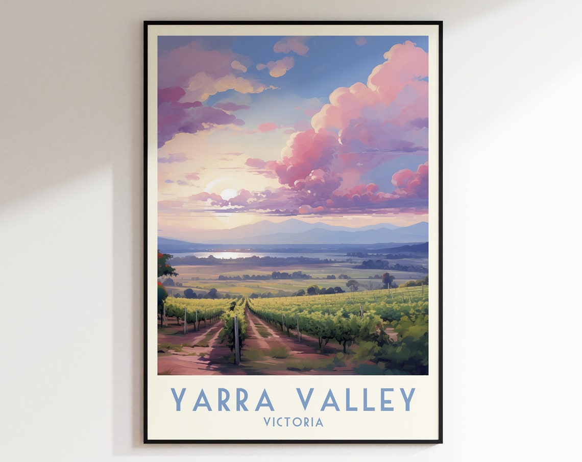 Yarra Valley Victoria Poster with a Sunset over Vineyard Rows